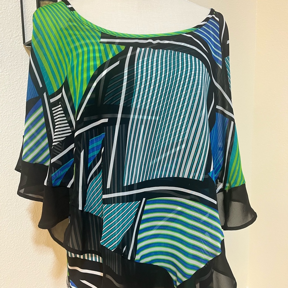 Notations Green and Blue Asymmetrical Flutter Sleeve Blouse